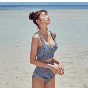 比基尼女分体聚拢小显瘦泳衣高腰胸，格子韩国性感游泳衣钢托遮
