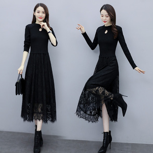2022春秋季韩版女装镂空线衣，拼接蕾丝长款打底时尚修身连衣裙