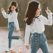 女童长袖白衬衫2023秋季韩版荷叶边衬衣中大童花边翻领上衣