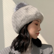 韩国整皮水貂毛帽子皮草帽子冬季保暖狐狸球貂皮贝雷帽画家帽