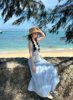 三亚海边度假沙滩裙女夏气质(夏气质，)蓝色格子绑带露背吊带连衣裙两件套装