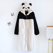 秋冬情侣熊猫法兰绒睡裙带帽中长款珊瑚绒，家居袍开衫大码加肥卡通