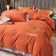 简约轻奢床单四件套橙色加厚磨毛被套感刺绣床上用品