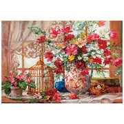 印花DMC棉线十字绣客厅卧室餐厅欧式油画花瓶花卉彩色波斯菊