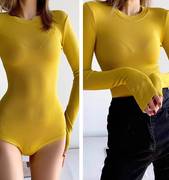 圆领连体衣女士秋冬洋气弹力，修身黄色长袖，t恤性感紧身螺纹打底衫
