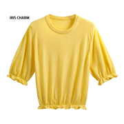 明黄色t恤女夏设计感小众收边精致五分泡泡袖针织短袖薄上衣