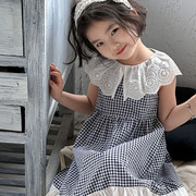 女童韩版格子花边无袖连衣裙ins童装夏季宝宝甜美蕾丝领长款裙子