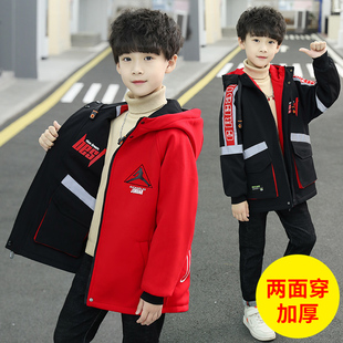 男童冬装风衣外套2023年中大童男孩洋气，加厚中长款两面穿棉衣