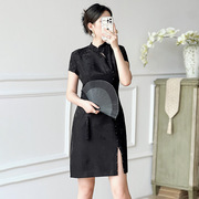 新中式黑色旗袍裙2024夏季复古典雅贵气钉珠短袖国风连衣裙女