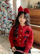 蝴蝶结红色毛衣甜美女童针织加厚外套开衫新年冬装搭配蛋糕裙套装