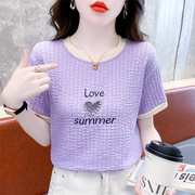紫色蕾丝短袖t恤女士夏装重工烫钻设计感别致体恤百搭上衣服