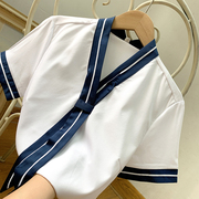 ~舒服顺滑凉感~帅气减龄海军学院风领带白衬衫~短袖衬衣女夏