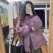 紫色棉服女中长款冬季2024年韩版宽松学生加厚学院风棉袄外套