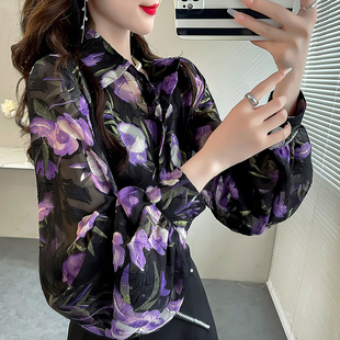 2023年秋季上衣轻熟法式小众紫色印花刺绣衬衫女雪纺气质衬衣