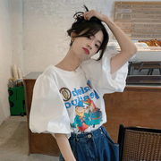 6535棉卡通泡泡袖t恤夏韩版印花设计感宽松洋气短袖上衣女
