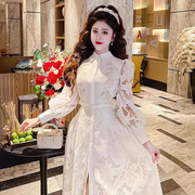 越南小众波西米亚风镂空连衣裙复古优雅长袖刺绣系带灯笼袖长裙女