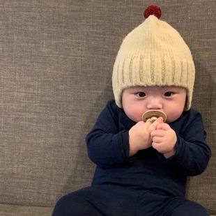 ins2024秋冬季韩国婴儿可爱毛球保暖毛线，护耳帽子宝宝百搭瓜皮帽