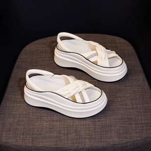 正版潮6cm镂空后空凉鞋，女2024年夏季带钻凉拖松糕厚底罗马鞋