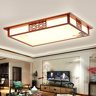 LED中式吸顶灯长方形实木印花客厅卧室内书房间亚克力中国风灯具