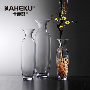 kaheku手工吹制中国风透明玻璃，窄口落地花瓶大中式居家装饰桌面