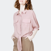 2023夏装时尚百搭polo领衬衫，上衣女设计感五分袖粉色宽松衬衣