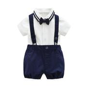 夏季男宝宝绅士领结套装男童帅气周岁服海军风背带裤3件套