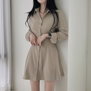 韩国ins春季简约纯色绑带收腰显瘦中长款长袖衬衫，式连衣裙a字短裙