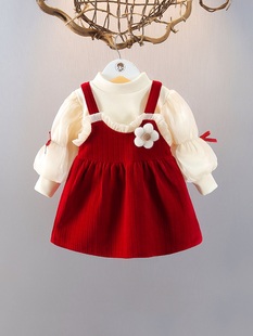 鸭鸭女童连衣裙秋冬时髦2件套裙3岁公主裙加绒套装女宝宝周岁礼服