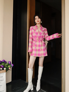 瑞苏米小众时髦格纹粉色，西服裙系带显瘦双排，扣西装高级感秋装外套