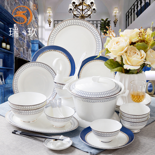 骨瓷餐具套装碗盘家用十碗十盘60头北欧蓝色10人整套餐具碗碟组合