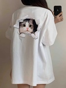 2024纯棉短袖可爱猫咪t恤女设计感小众美式复古宽松上衣半袖