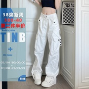 TINB美式复古白色工装裤女春秋宽松直筒显瘦休闲设计感裤子潮