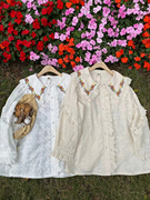 春季日系甜美绣花娃娃，领衬衫女纯棉重工刺绣，宽松减龄长袖衬衣