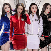夜店女装秋冬季性感包臀深v修身长袖，金丝绒连衣裙桑拿技师小姐服