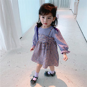 女童韩版泡泡纱格子假两件吊带连衣裙儿童，公主裙秋装外贸童装