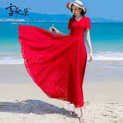 夏季红色雪纺碎花连衣裙，女长款到脚踝2024超长大摆沙滩v领裙