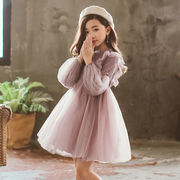 女童秋季连衣裙2023韩版蕾丝连体裙，小女孩长袖纯色网纱公主裙