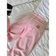粉色牛仔裤女春秋阔腿高腰，显瘦糖果色，休闲裤宽松直筒韩版长裤