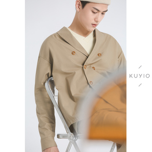 KUYIOU/设计师款莱赛尔棉双排扣西装领衬衣宽松挺版休闲外套男