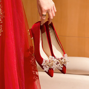 法式婚鞋低跟3cm新娘，红色2023年水钻单鞋，大码41—43脚宽肥