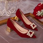 婚鞋女粗跟红色禾秀婚纱，两穿结婚高跟鞋孕妇，秀禾服中式新娘鞋
