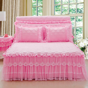 韩式床裙三件套加棉床罩床头罩，加厚夹棉公主，风蕾丝花边粉色床单春