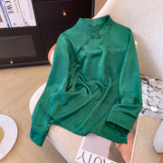 绿色重磅真丝国风衬衫女春季复古盘扣气质桑，蚕丝长袖上衣衬衣
