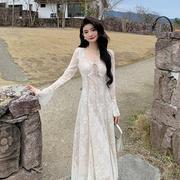 AM NANA秋冬法式蕾丝长袖连衣裙轻熟风内搭气质显瘦打底长裙子女