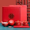 花开富贵结婚敬茶杯套装，红色陶瓷改口茶杯喜碗筷，两对新人婚礼用品
