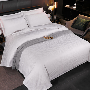 五星级酒店白色布草宾馆床上用品，四件套全棉贡缎提花被套床单