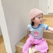 韩版夏季女宝宝t恤婴儿短袖上衣格子裤女童夏装衣服海边度假薄款