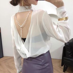 2023流行韩版雪纺，防晒设计感小心机珍珠露背透视翻领镂空衬衫