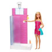 美国正版barbie芭比娃娃，玩具洗澡淋浴微缩家具套装节日生日礼物