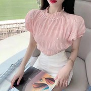 2022年夏季韩版珍珠半袖褶皱雪纺衫纯色圆领显瘦打底衫上衣女